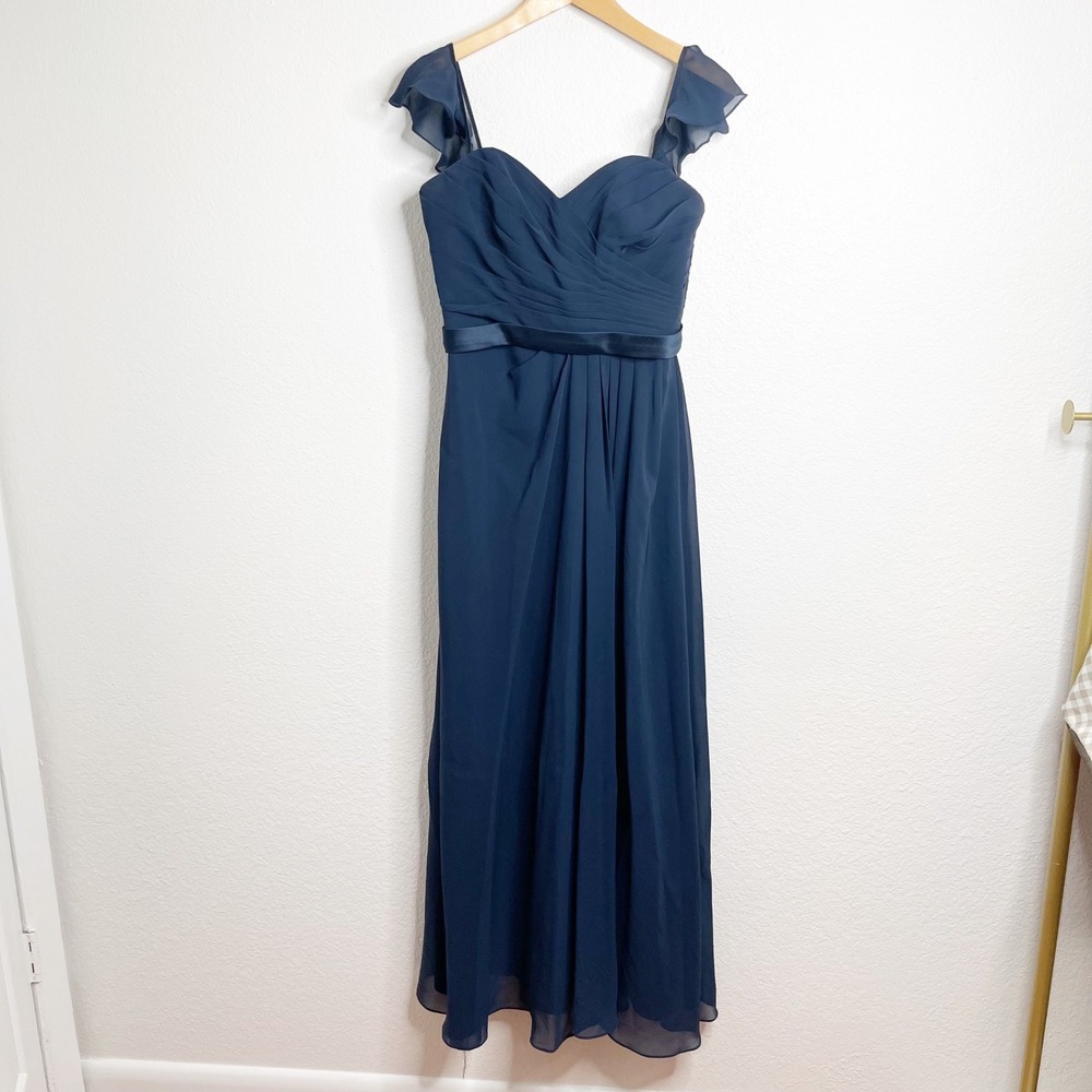 Sorella Vita Navy Blue Chiffon Ruffle Sleeve Ruched Formal Gown Dress Size 10
